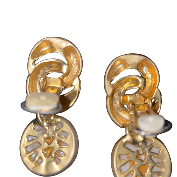 2" x 7/8" Vintage Gold-Tone Clip-On Earrings With Faux Pearls & Abstract Design - Picture 5 of 10